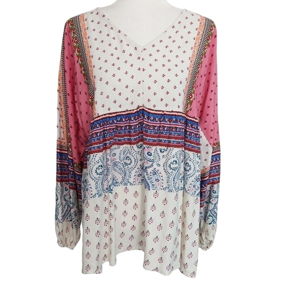 Sundance Poetic Mood Multicolor Boho V-Neck Long Puff Sleeve Top Rayon Crepe - Picture 1 of 10